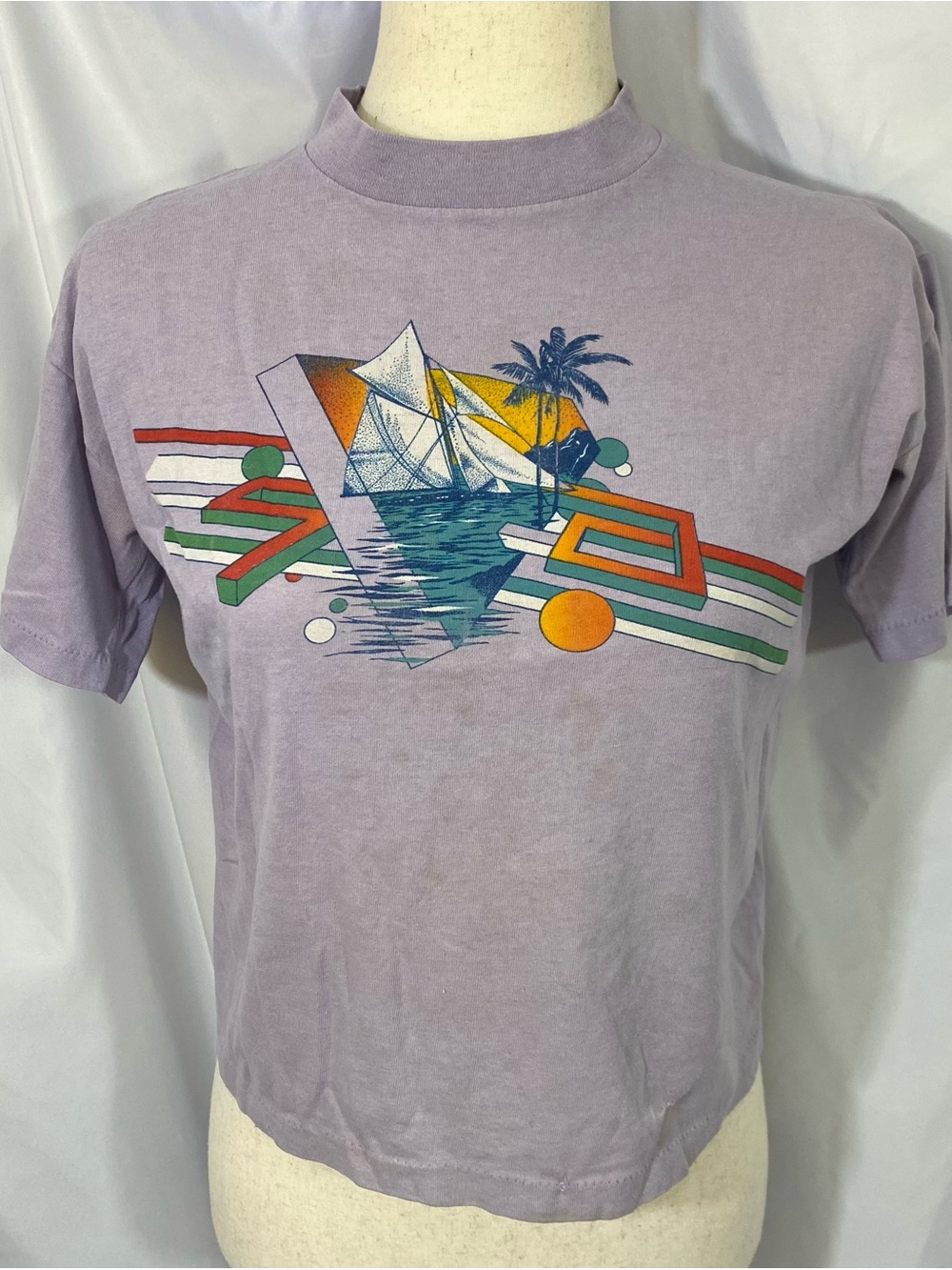 Vintage 80’s Purple Single Stitch Sailboat T Shirt Size Medium Cropped